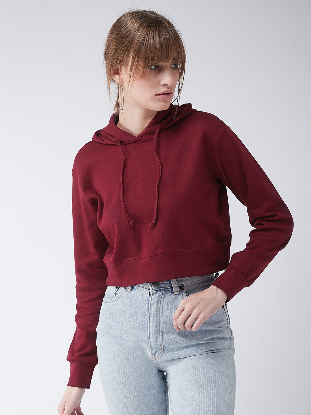 

Miss Chase Women Maroon Solid Hooded Cropped Boxy Sweatshirt