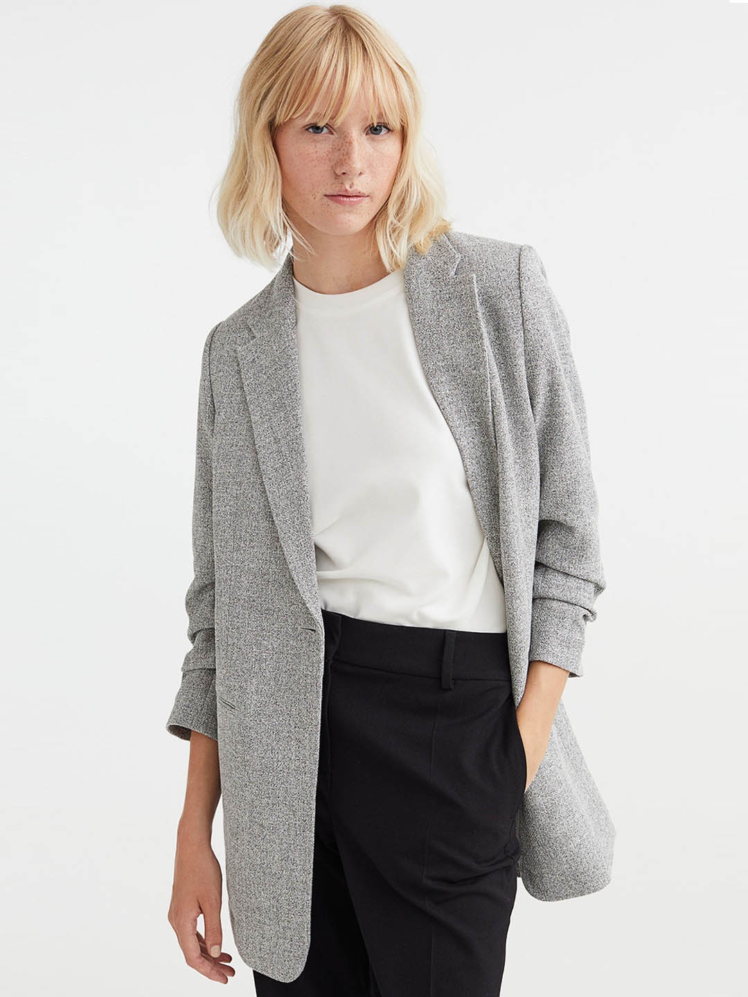 

H&M Women Gathered-Sleeve Jacket, Grey