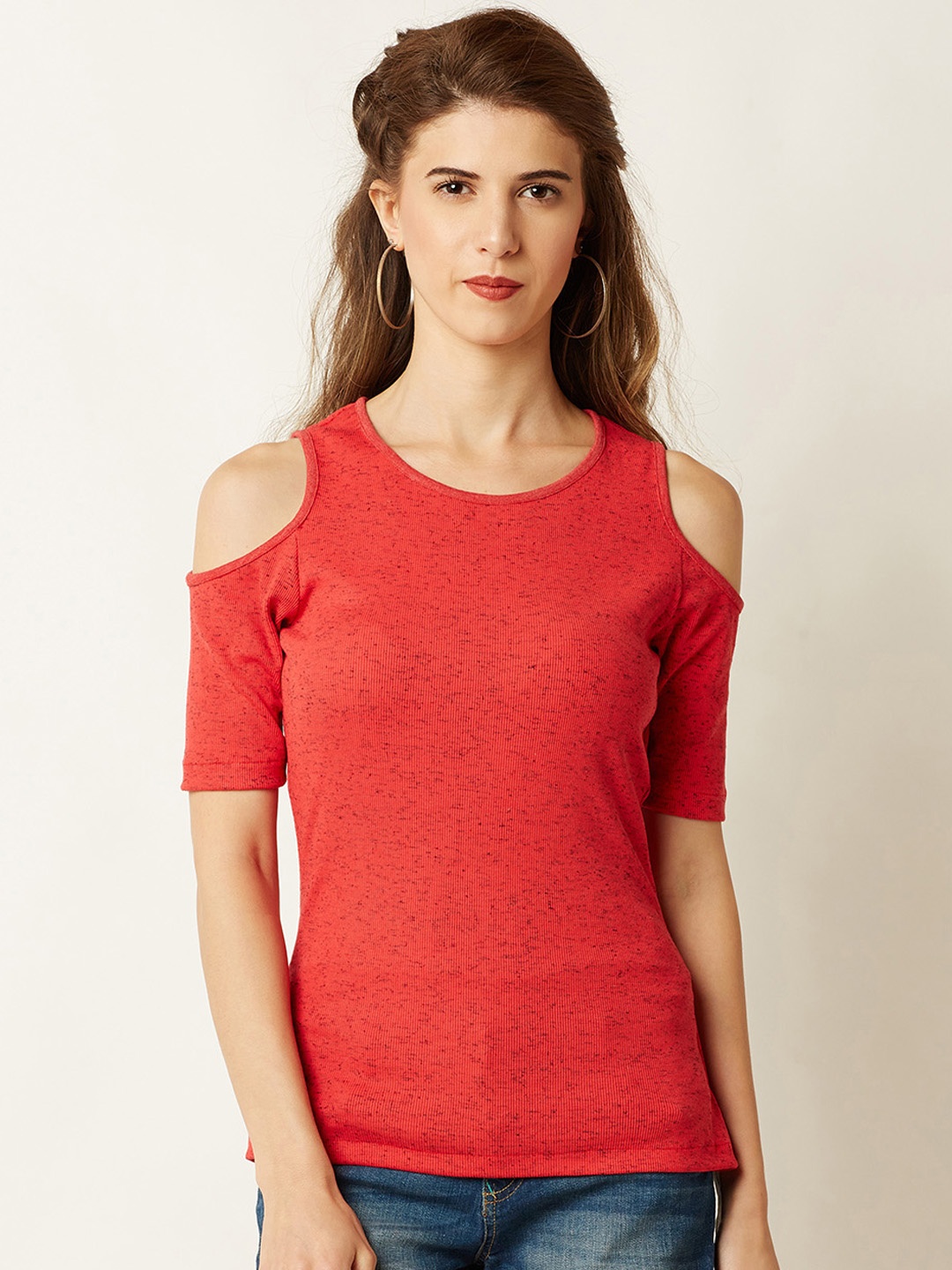 

Miss Chase Women Coral Self-Design Cold-Shoulder Top