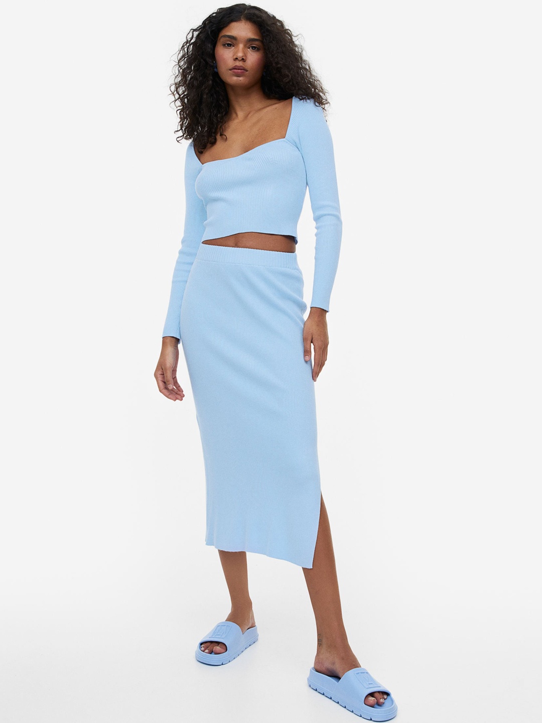

H&M Women Rib-Knit Pencil Skirt, Blue