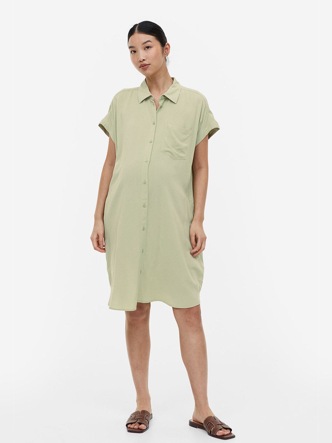 

H&M MAMA Tie-Belt Shirt Dress, Green