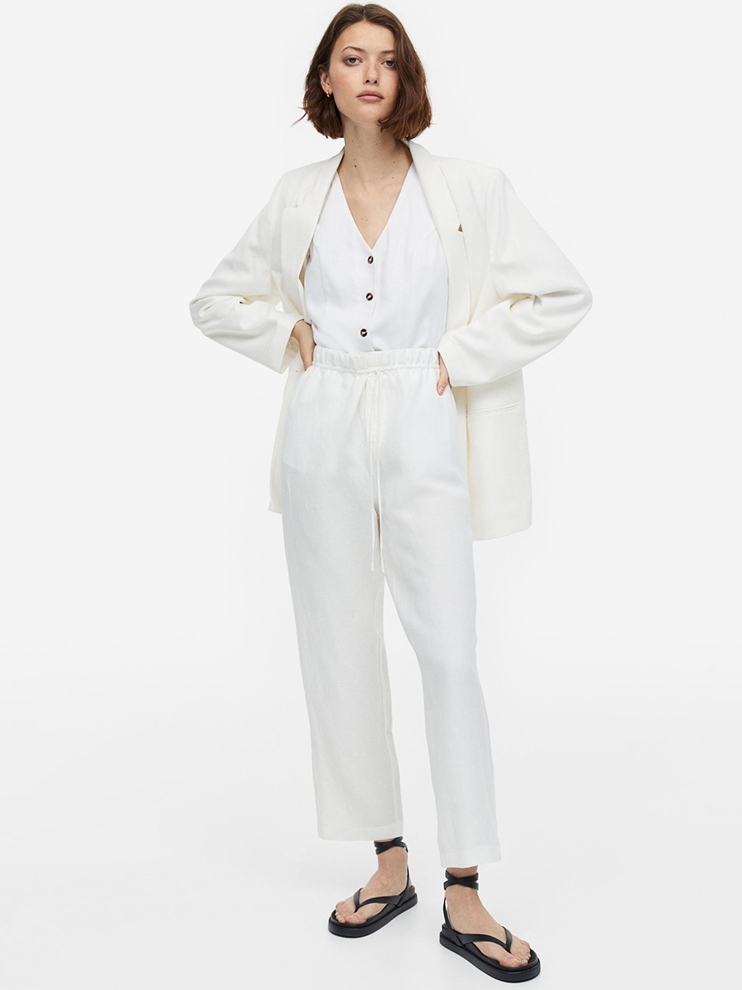 

H&M Women Linen-Blend Tapered Trousers, White