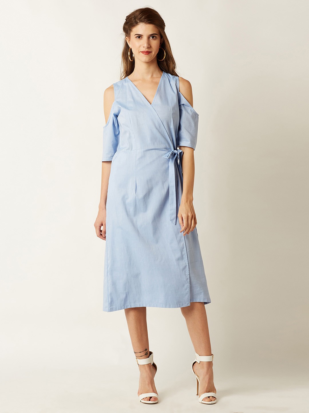 

Miss Chase Women Blue Solid Wrap Cold-Shoulder Dress