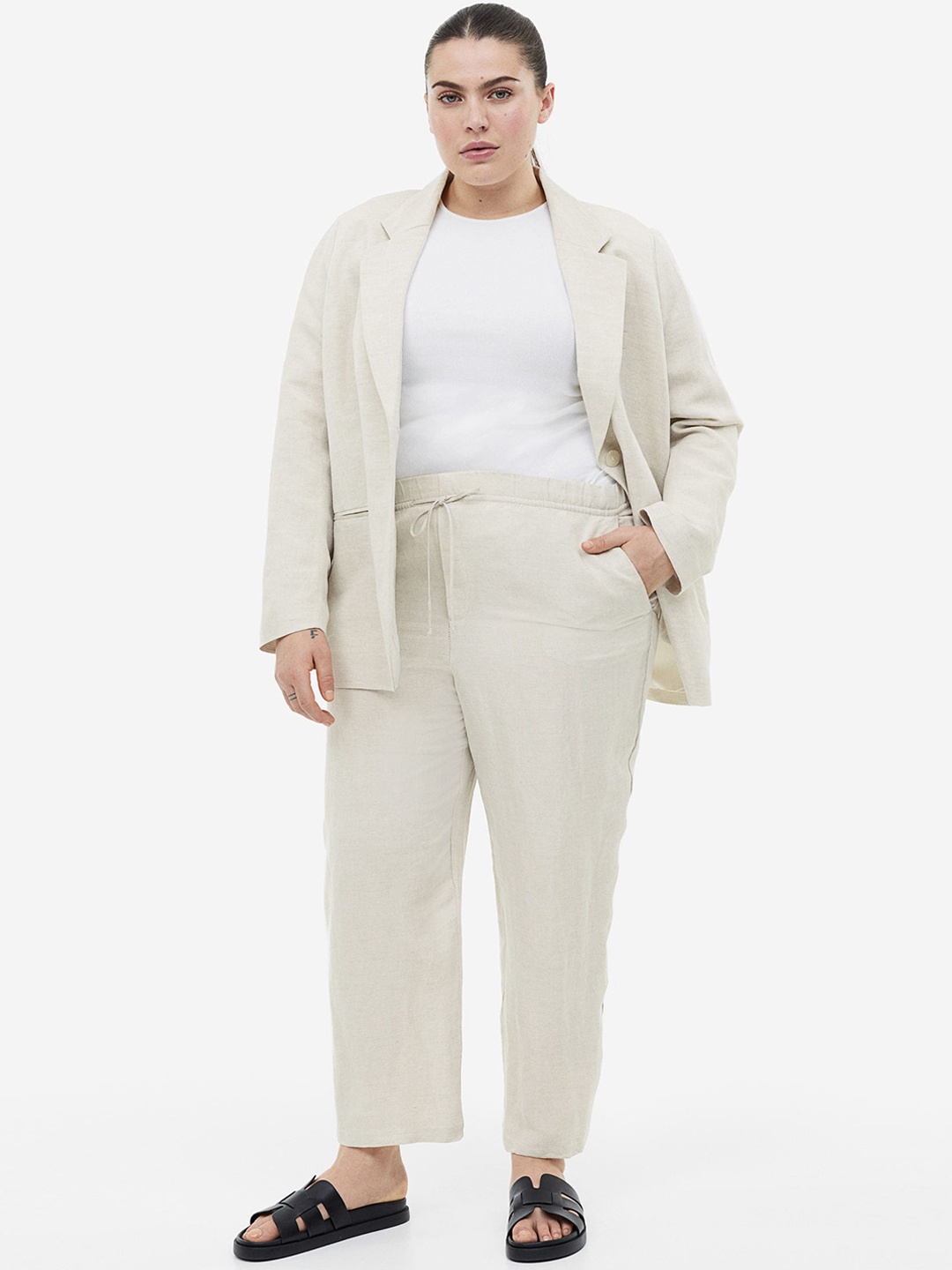 

H&M Women Linen-Blend Tapered Trousers, Beige