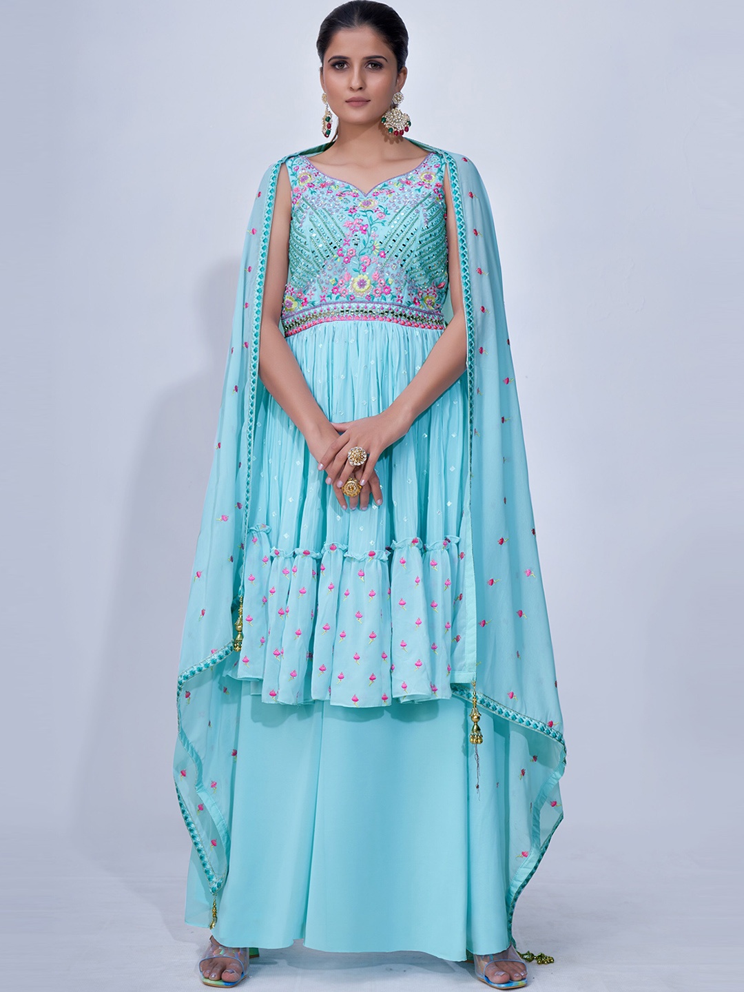 

Fusionic Ethnic Motifs Embroidered Pleated Mirror Work Kurta With Palazzos & Dupatta, Blue