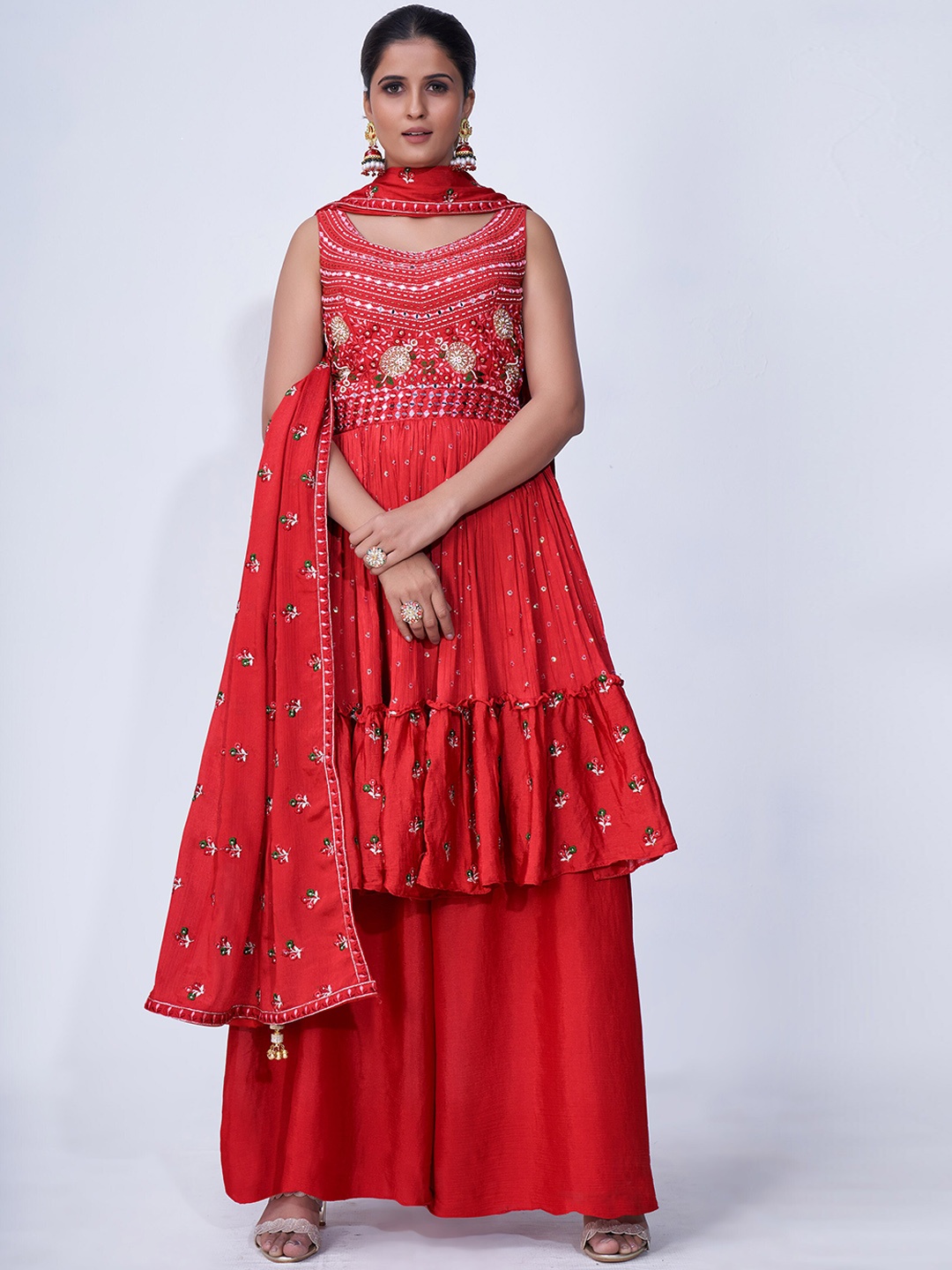 

Fusionic Ethnic Motifs Embroidered Pleated Mirror Work Kurta With Palazzos & Dupatta, Red