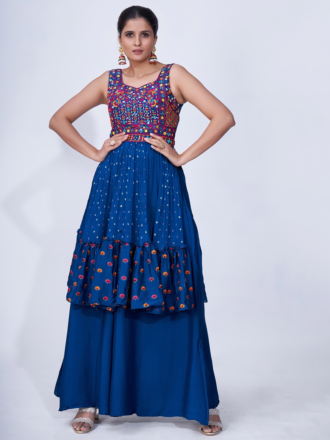 

Fusionic Ethnic Motifs Yoke Design V Neck Mirror Work Kurta With Palazzos & Dupatta, Navy blue