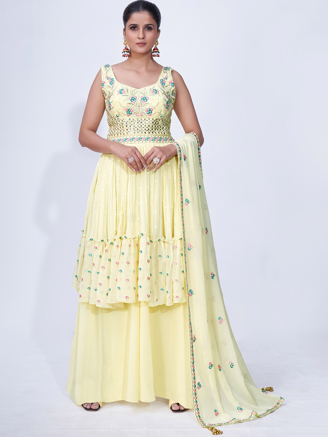 

Fusionic Floral Yoke Design V Neck Mirror Work Kurta With Palazzos & Dupatta, Yellow