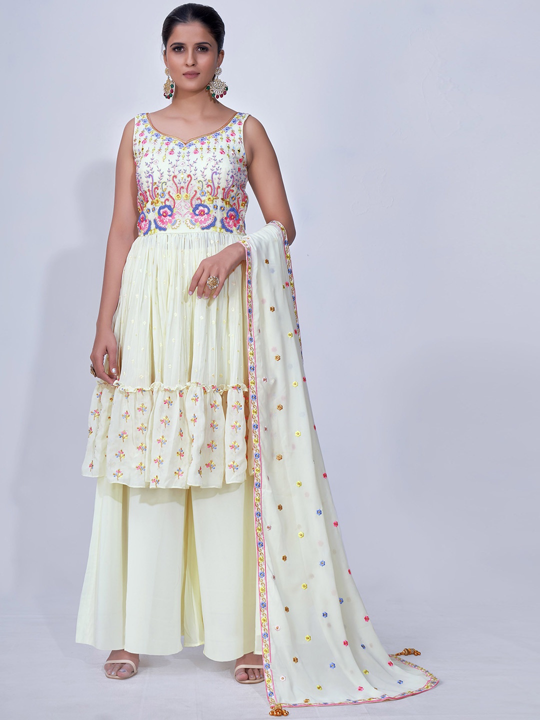 

Fusionic Ethnic Motifs Embroidered Pleated Mirror Work Kurta With Palazzos & Dupatta, Off white