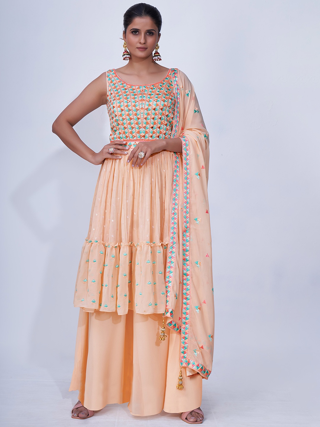 

Fusionic Yoke Design Sleeveless Mirror Work Kurta with Palazzos & Dupatta, Peach