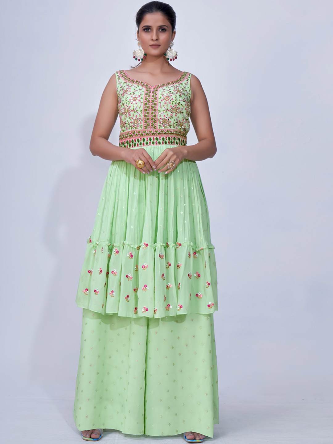 

Fusionic Ethnic Motifs Embroidered Pleated Mirror Work Kurta With Palazzos & Dupatta, Green