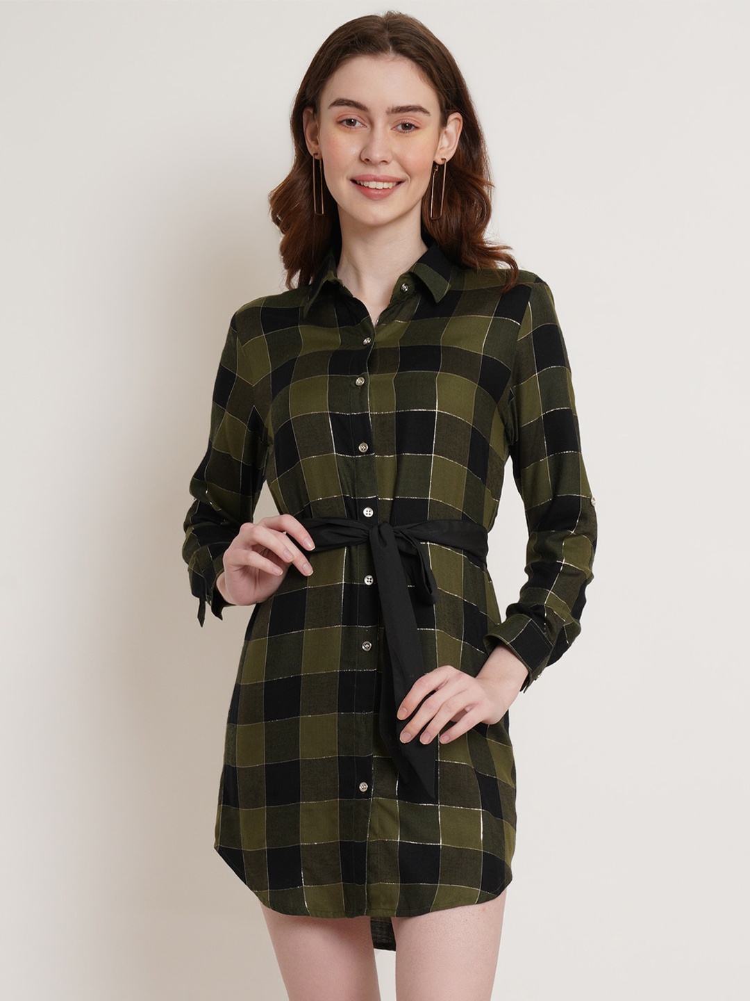 

Hive91 Shirt Collar Checked Shirt Mini Dress, Green