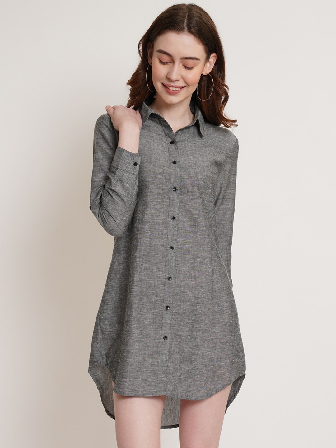 

Hive91 Shirt Collar Cotton Mini Shirt Dress, Grey