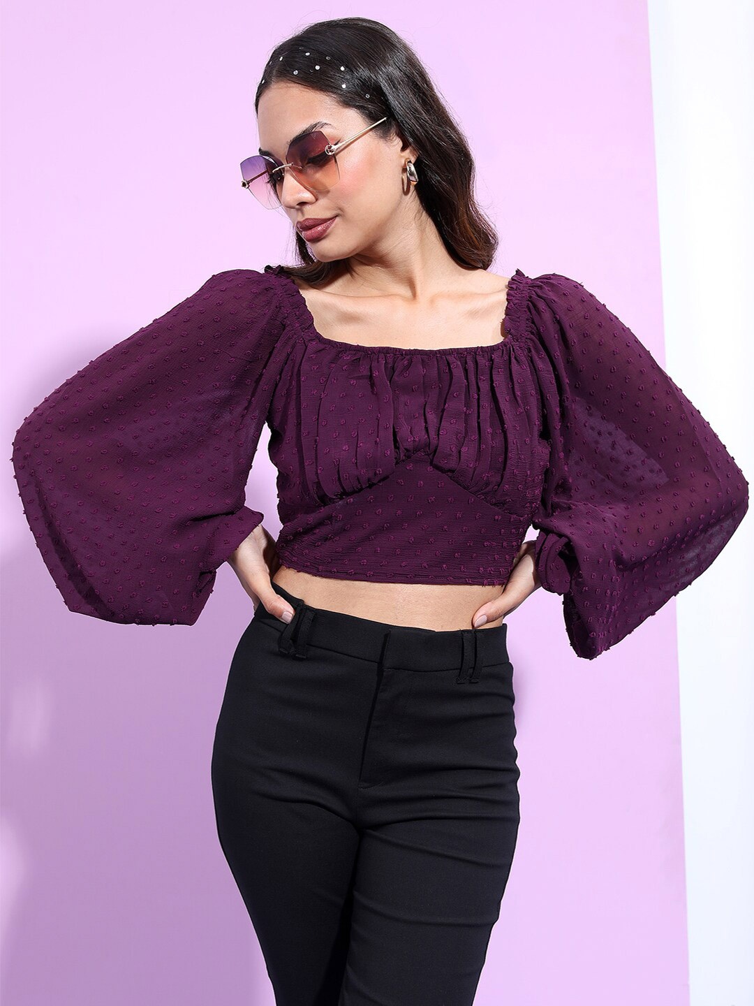 

Tokyo Talkies Square Neck Flared Sleeves Crop Top, Purple