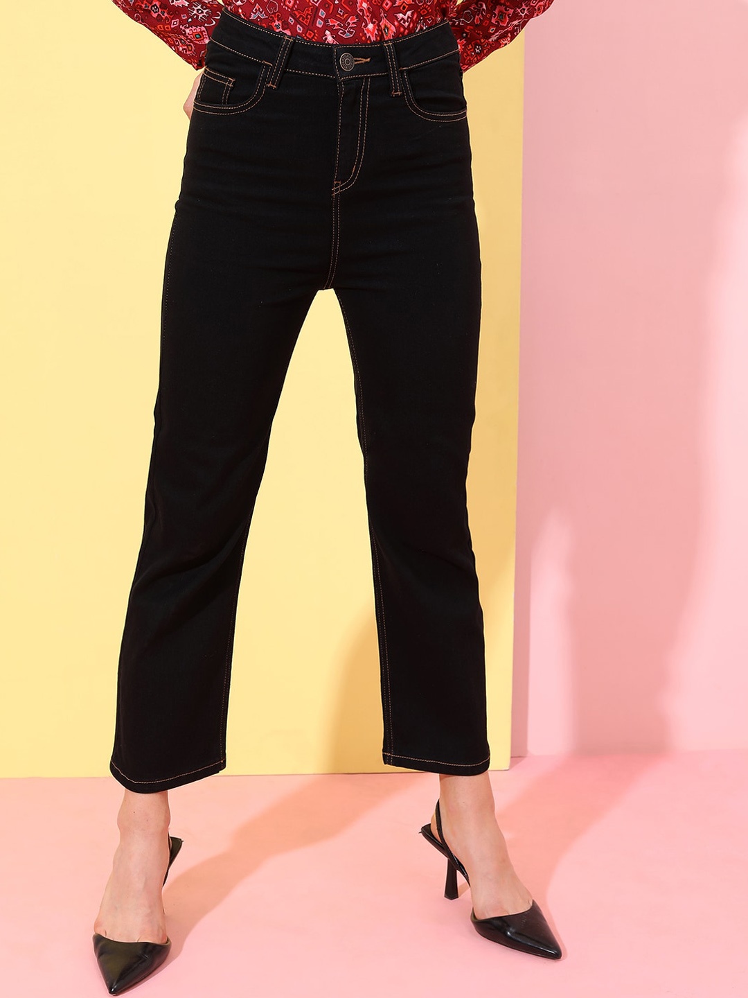 

Tokyo Talkies Women High-Rise Flared Cotton stretchable Jeans, Black