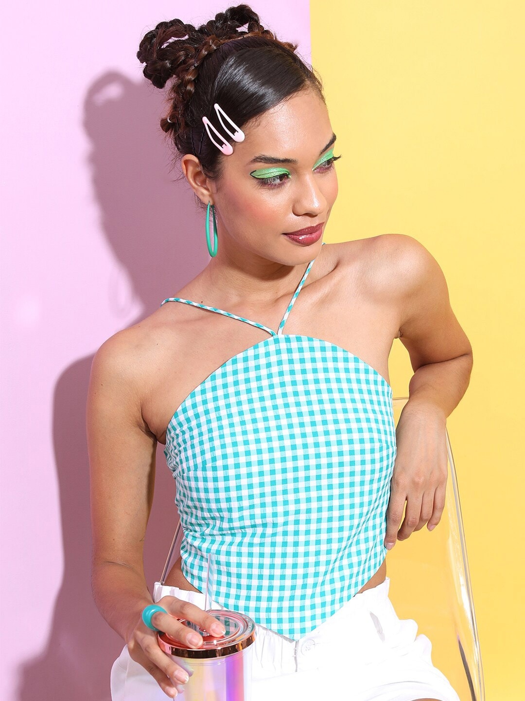 

Tokyo Talkies Green Gingham Checked Halter Neck Back Tie Up Crop Top
