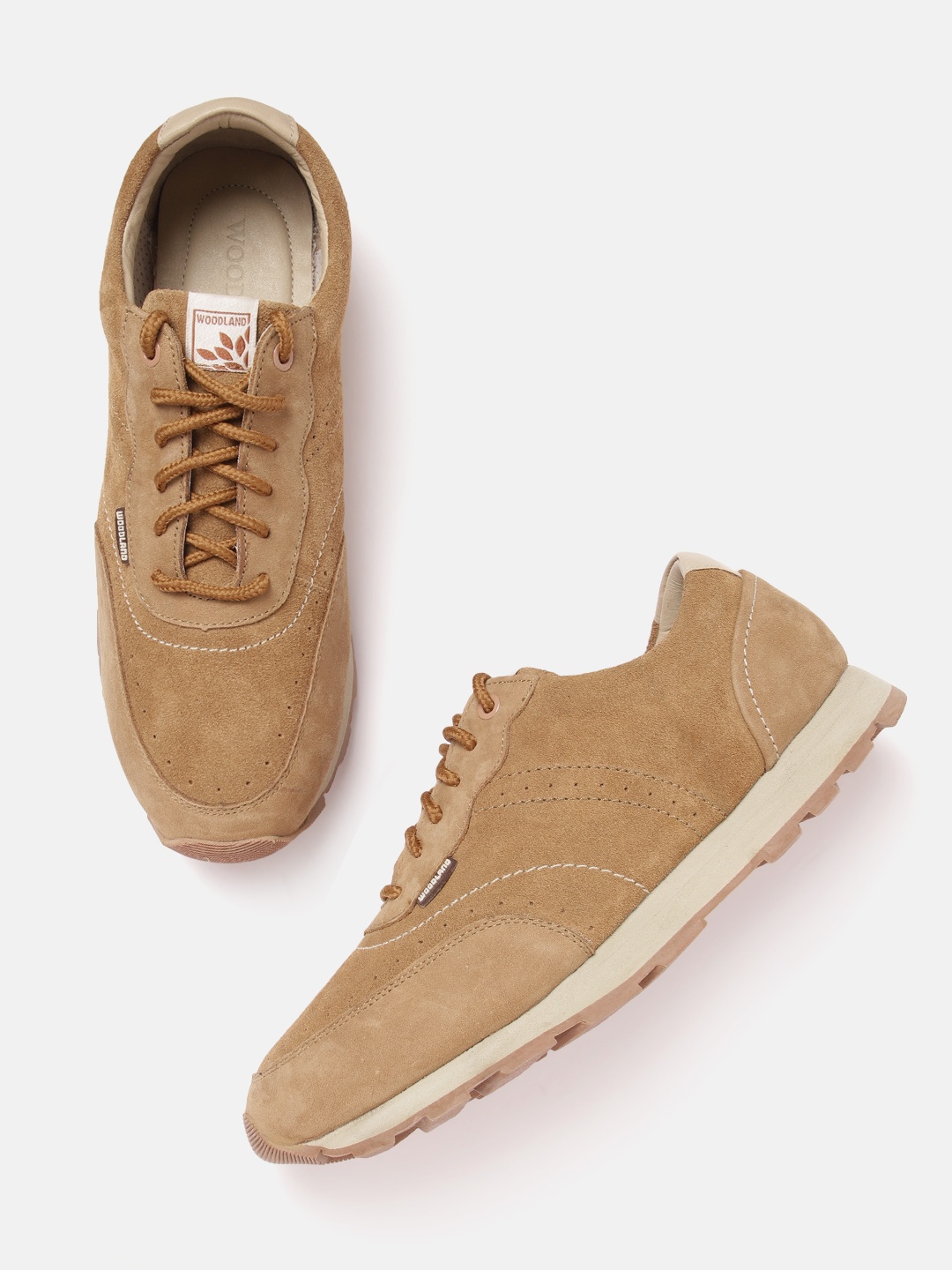 

Woodland Men Round Toe Leather Sneakers, Camel brown