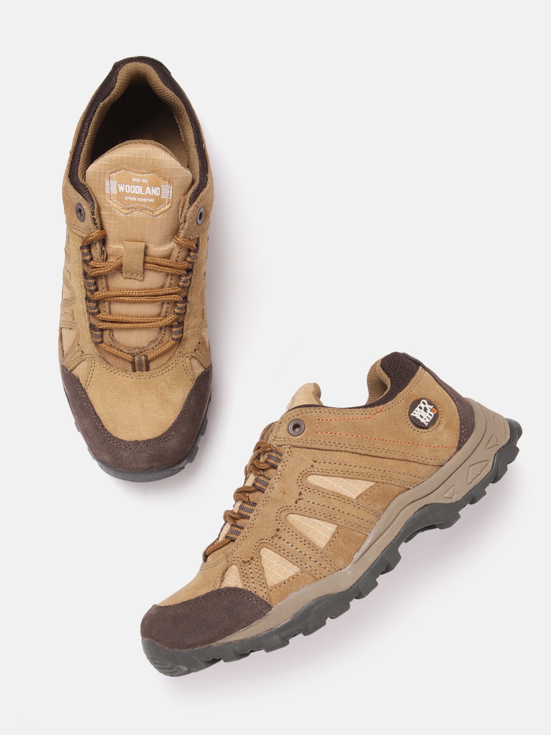 

Woodland Men Round Toe Leather Sneakers, Camel brown