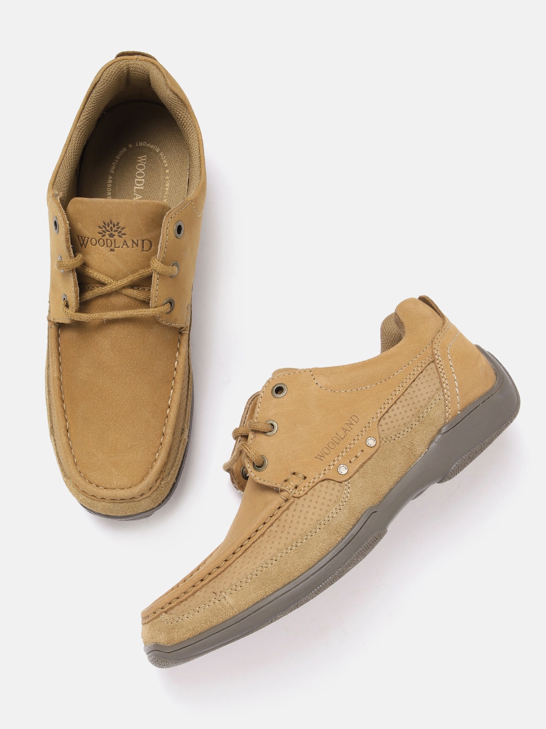 

Woodland Men Round Toe Leather Derbys, Camel brown