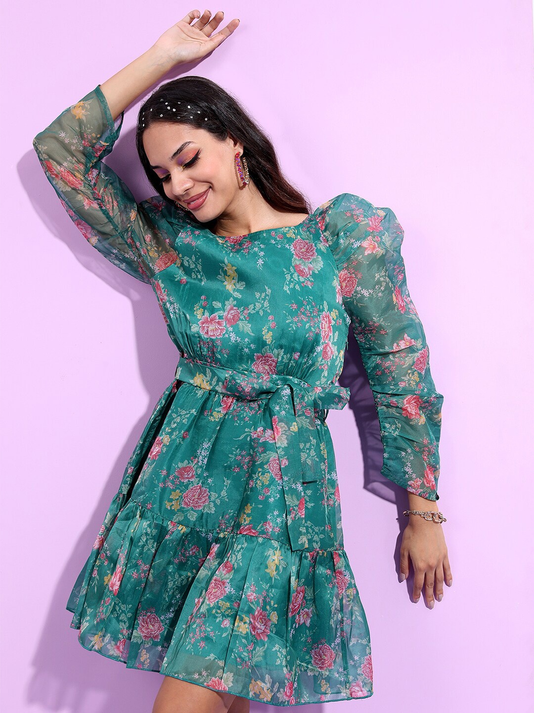 

Tokyo Talkies Floral Printed Boat Neck Fit & Flare Dress With Belt, Green