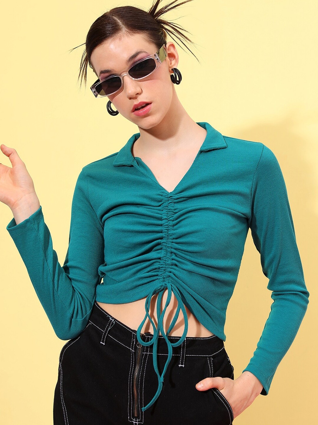 

Tokyo Talkies Green V-Neck Ruched Tie Up Top