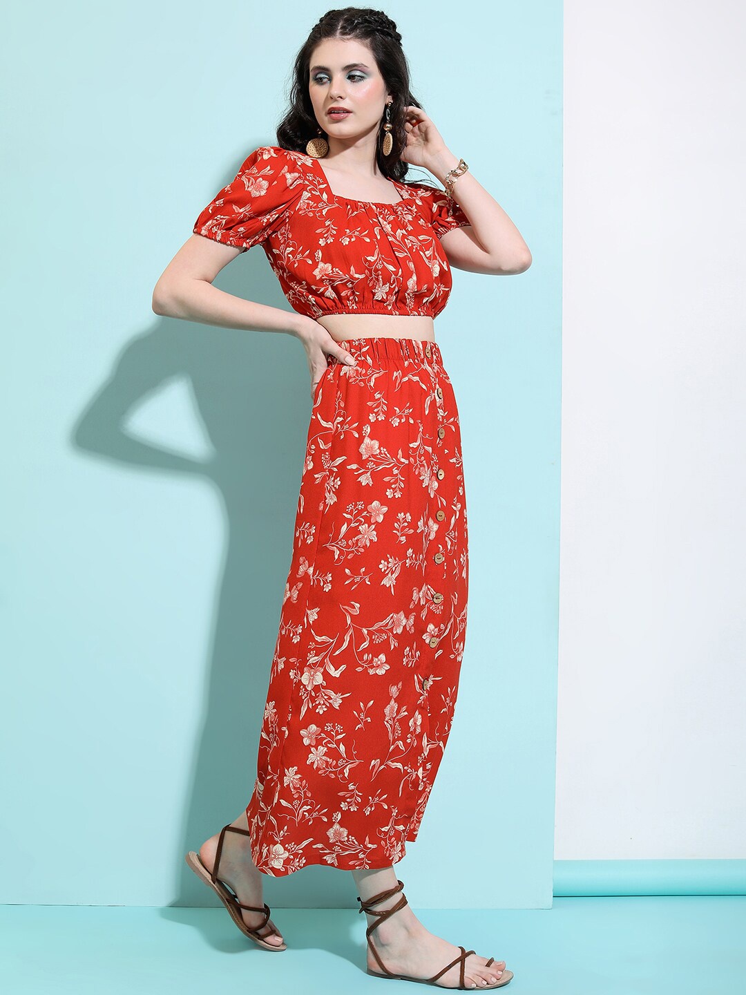 

Tokyo Talkies Women Printed Top With Skirt, Rust