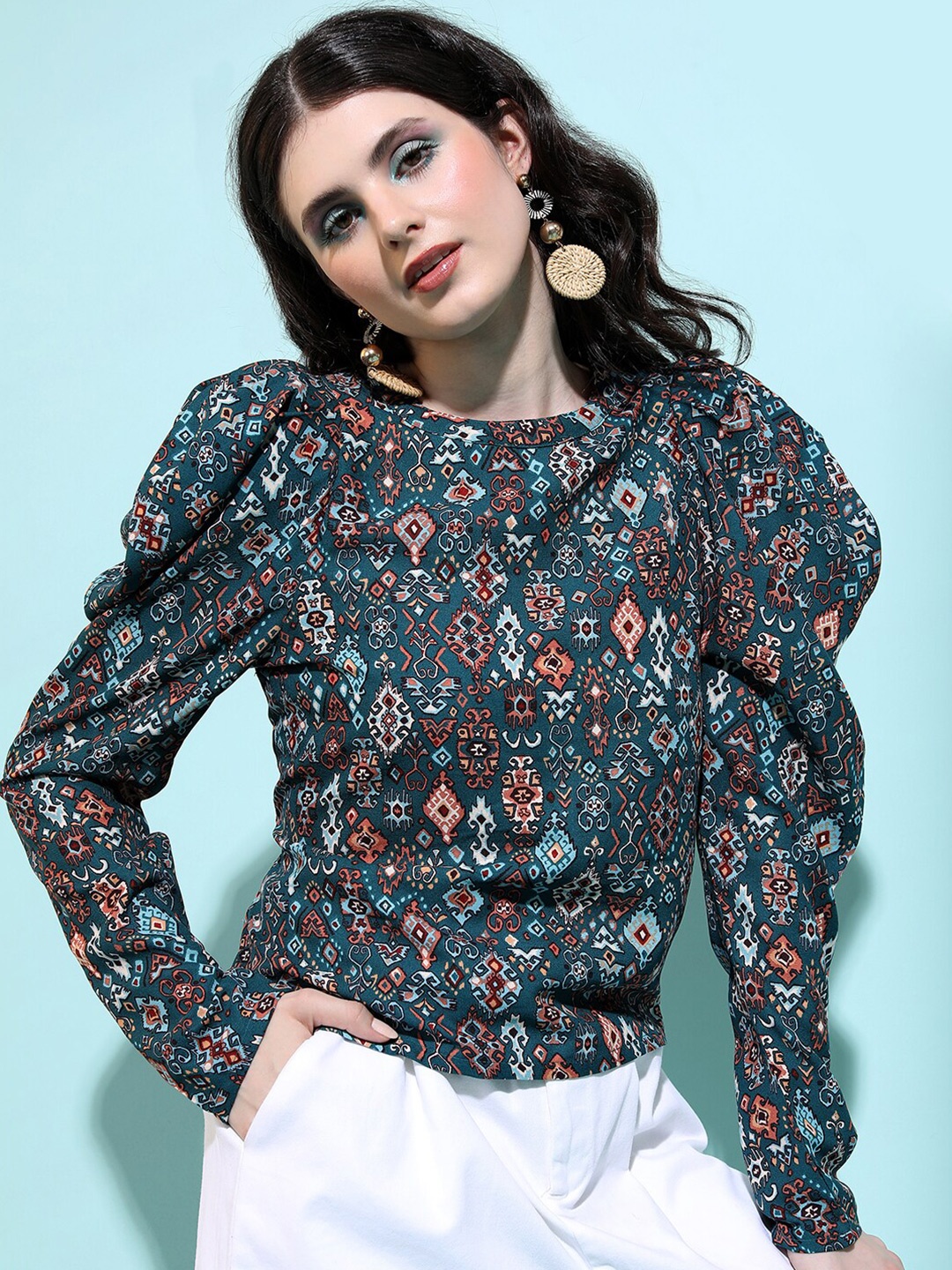 

Tokyo Talkies Floral Printed Puff Sleeves Top, Green