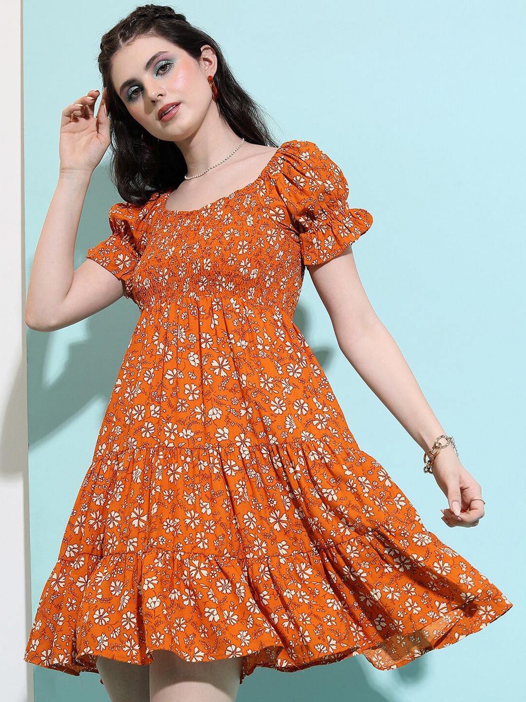 

Tokyo Talkies Floral Printed Smocked Tiered Fit & Flare Dress, Orange