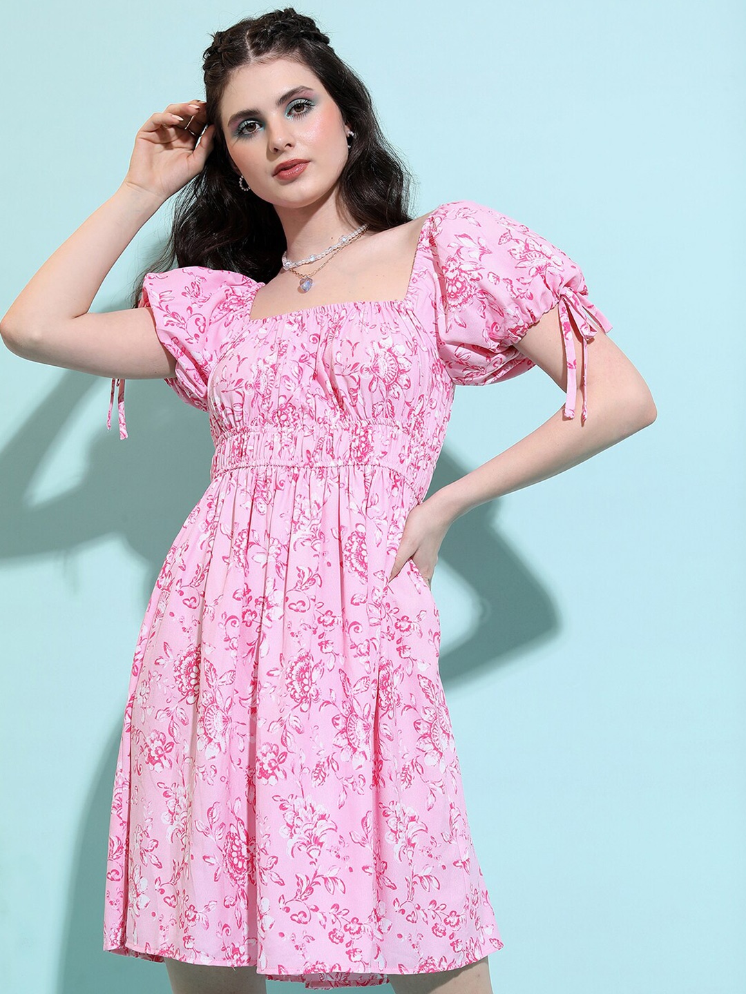 

Tokyo Talkies Floral Printed Square Neck Ruched Fit & Flare Dress, Pink