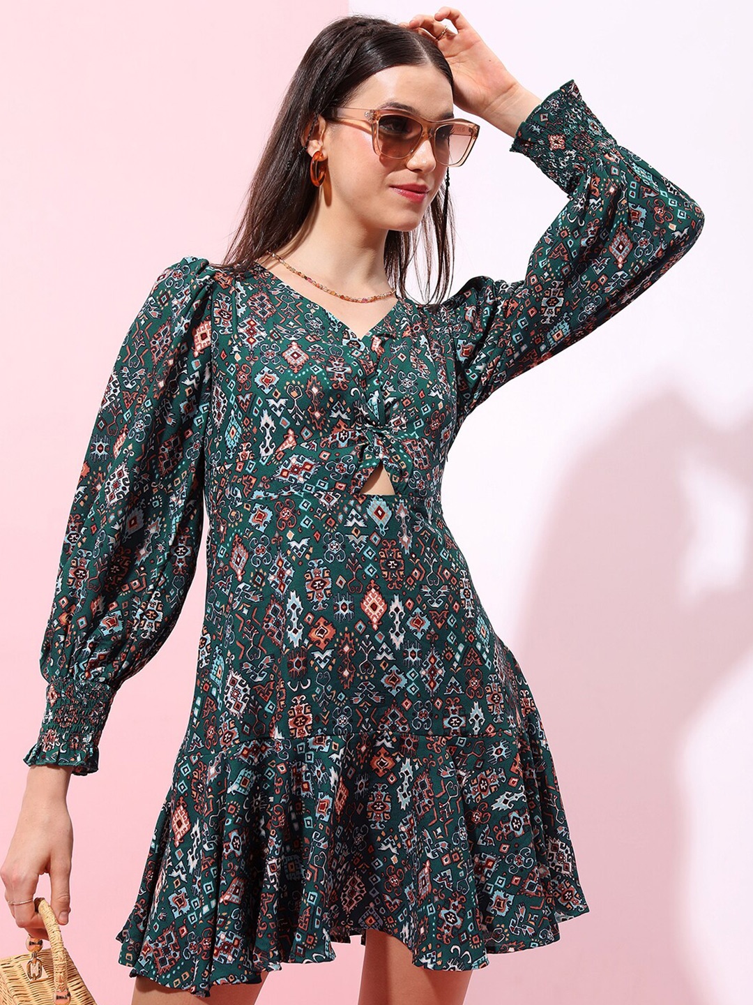

Tokyo Talkies Ethnic Motifs Printed Fit & Flare Mini Dress, Green