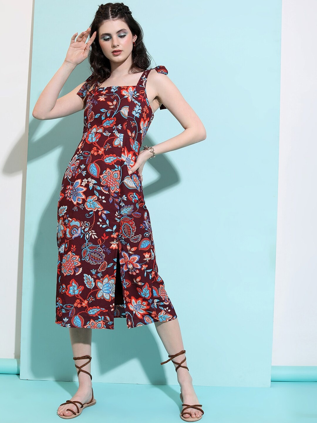 

Tokyo Talkies Floral Printed Shoulder Straps Fit & Flare Midi Dress, Burgundy