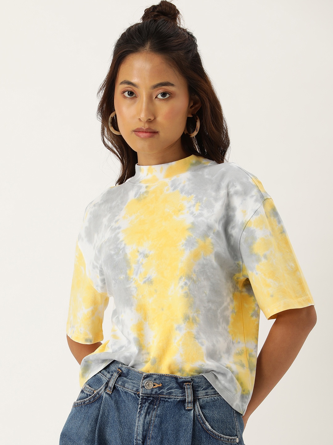 

Kook N Keech Tie & Dye High Neck Drop-Shoulder Sleeves Boxy Pure Cotton T-shirt, White