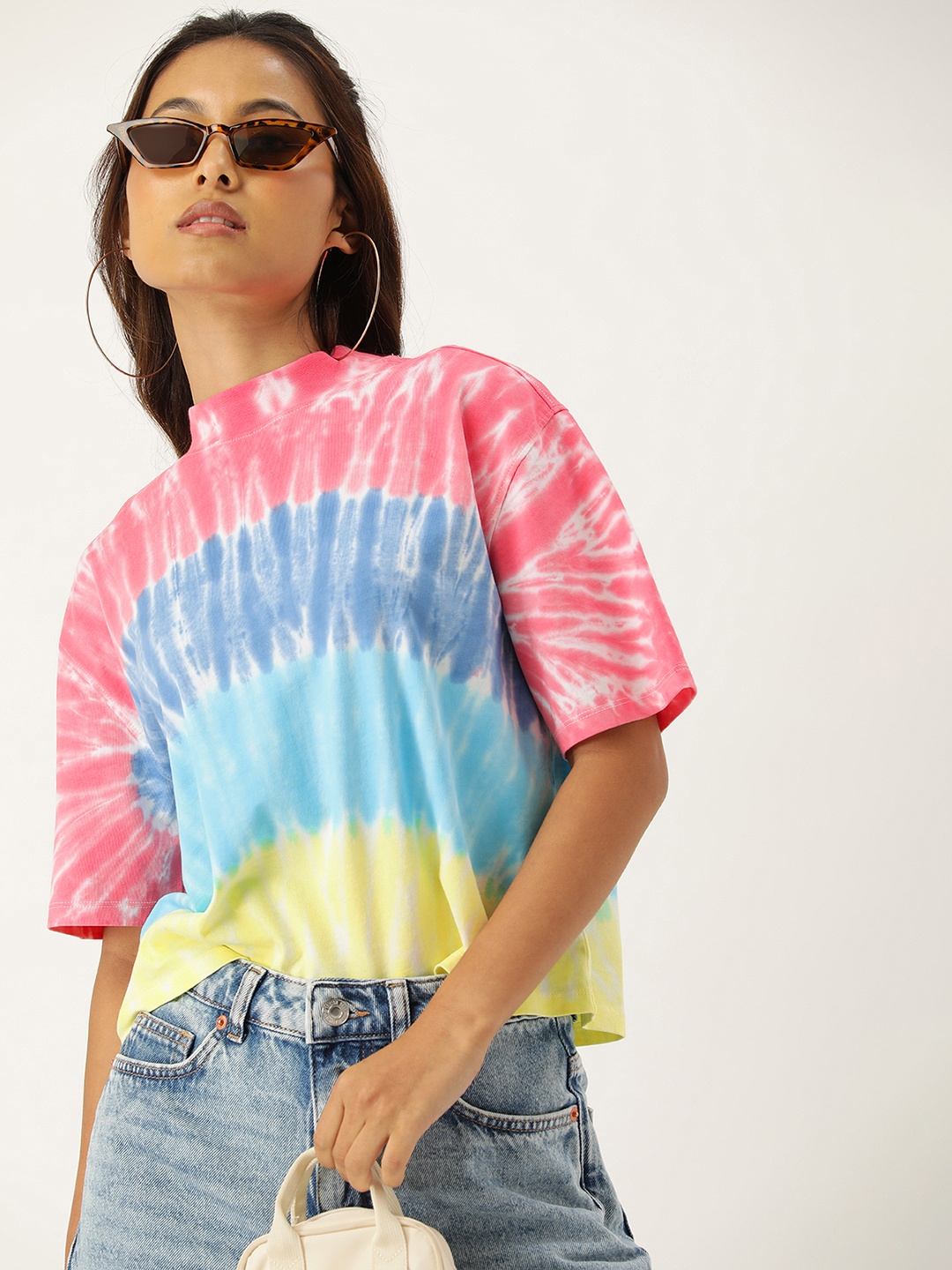 

Kook N Keech Tie & Dye High Neck Drop-Shoulder Sleeves Boxy Pure Cotton T-shirt, White