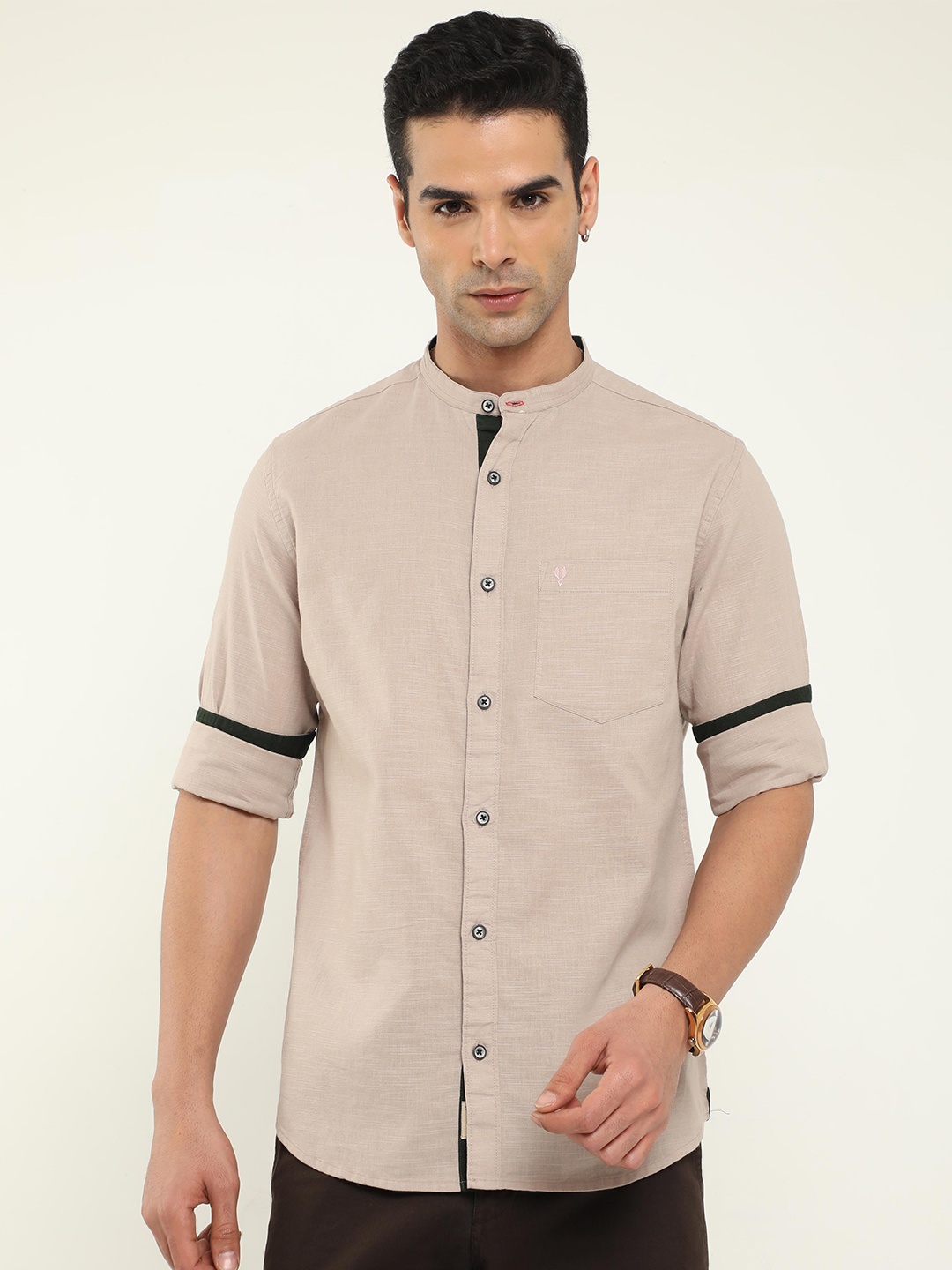 

VUDU Band Collar Comfort Opaque Cotton Casual Shirt, Beige