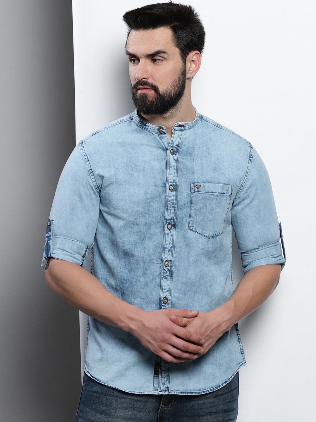 

VUDU Band Collar Comfort Faded Opaque Casual Cotton Shirt, Blue
