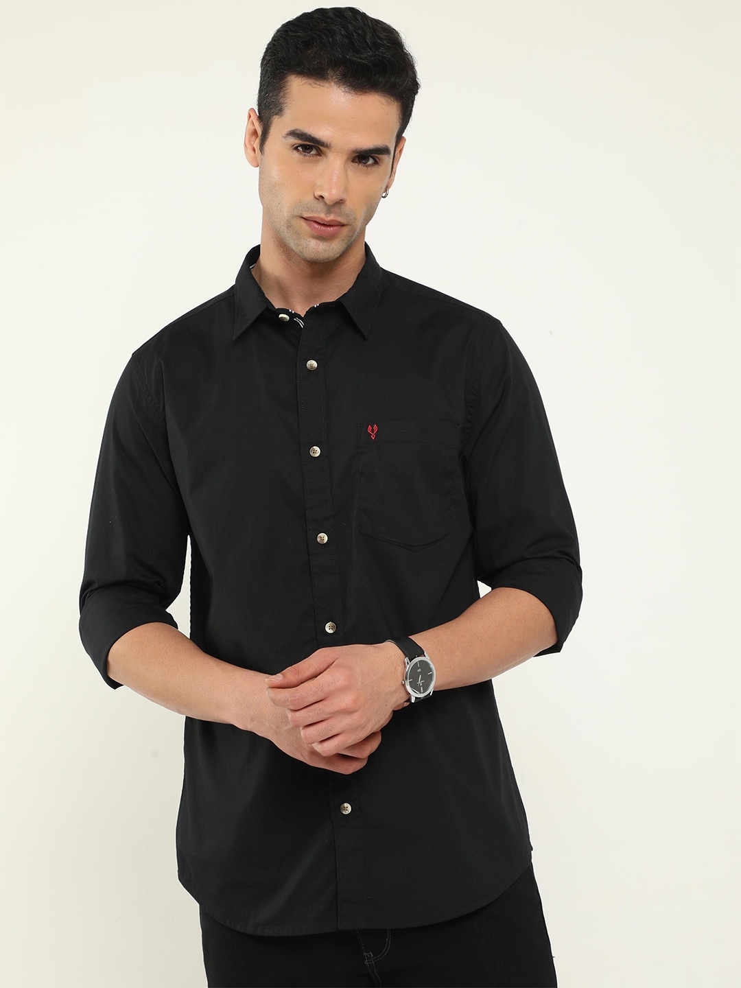 

VUDU Spread Collar Comfort Opaque Cotton Casual Shirt, Black