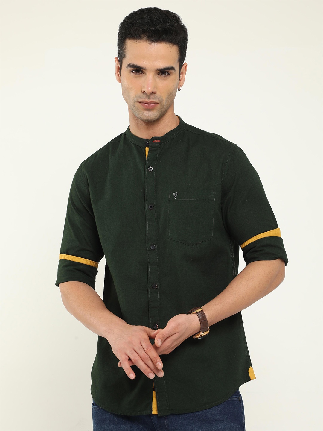 

VUDU Band Collar Comfort Opaque Cotton Casual Shirt, Green