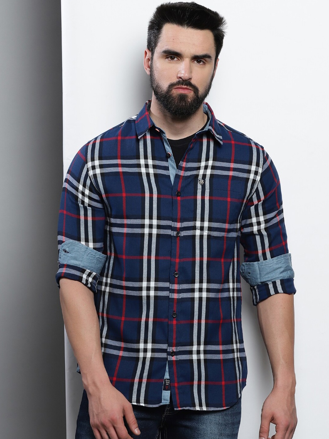 

VUDU Comfort Tartan Checks Checked Opaque Cotton Casual Shirt, Navy blue