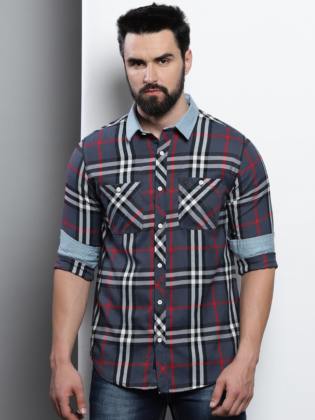 

VUDU Comfort Tartan Checks Checked Opaque Cotton Casual Shirt, Grey