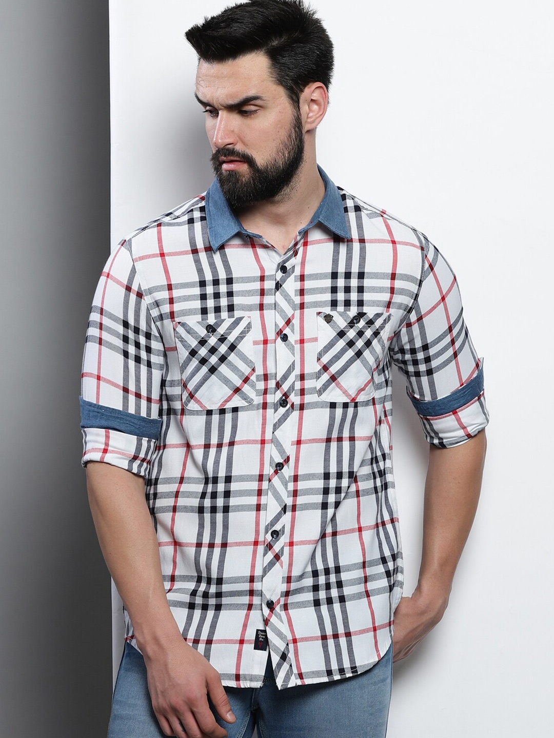 

VUDU Comfort Tartan Checks Checked Opaque Cotton Casual Shirt, White