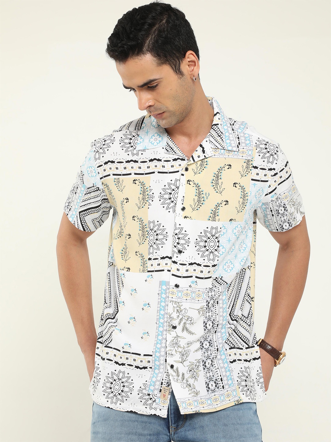 

VUDU Printed Cuban Collar Comfort Opaque Cotton Casual Shirt, White