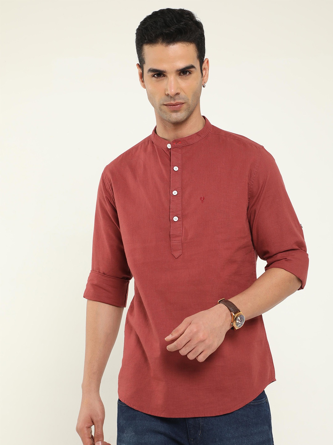 

VUDU Band Collar Comfort Opaque Cotton Casual Shirt, Maroon