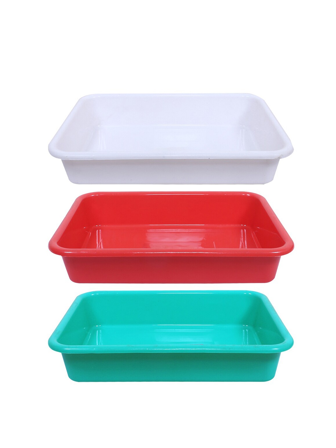 

Kuber Industries White & Red 3 Pieces Versatile Plastic Storage Tray