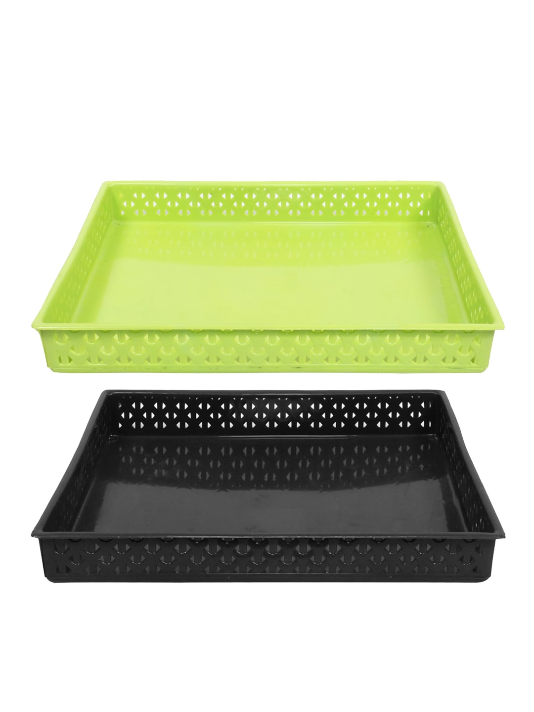 

Kuber Industries Black & Green 2 Pieces Textured Versatile Plastic Storage Trays