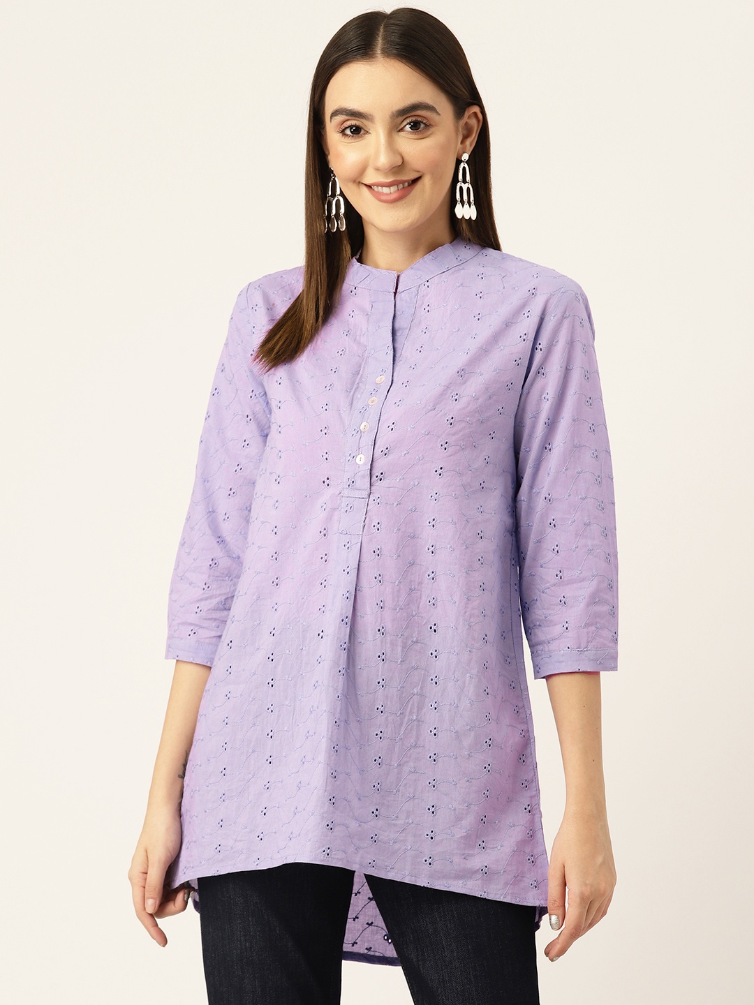

Off Label Mandarin Collar Cotton Schiffli Longline Top, Purple