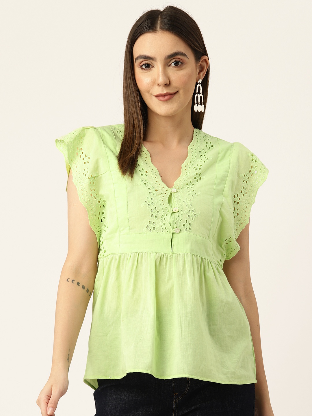 

Off Label Flutter Sleeve Cotton Schiffli Top, Fluorescent green