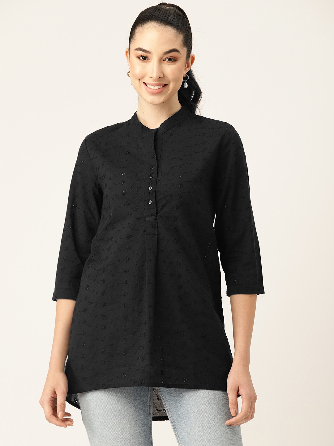 

Off Label Mandarin Collar Cotton Schiffli Shirt Style Longline Top, Black