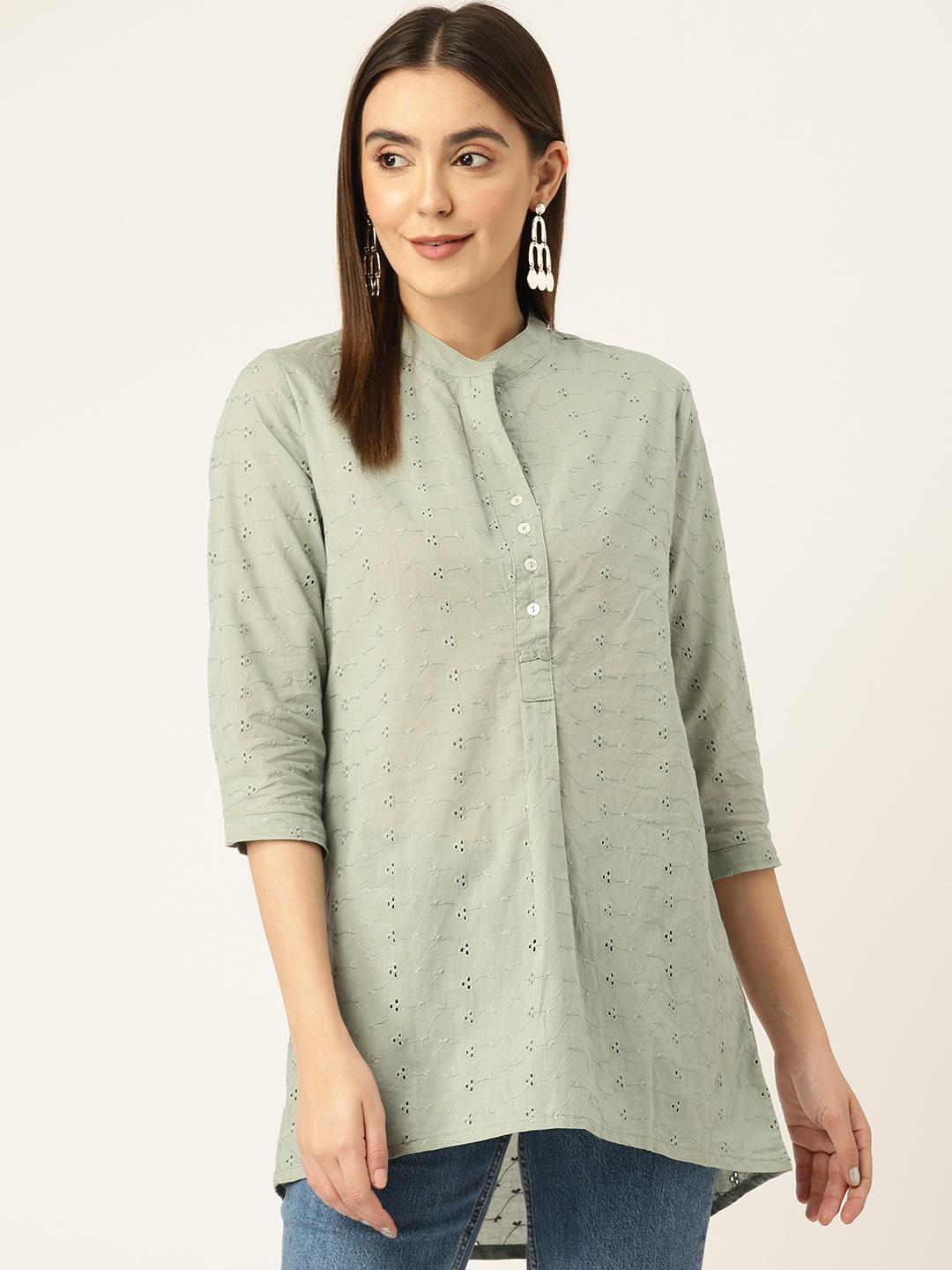 

Off Label Mandarin Collar Schiffli Shirt Style Cotton Longline Top, Green