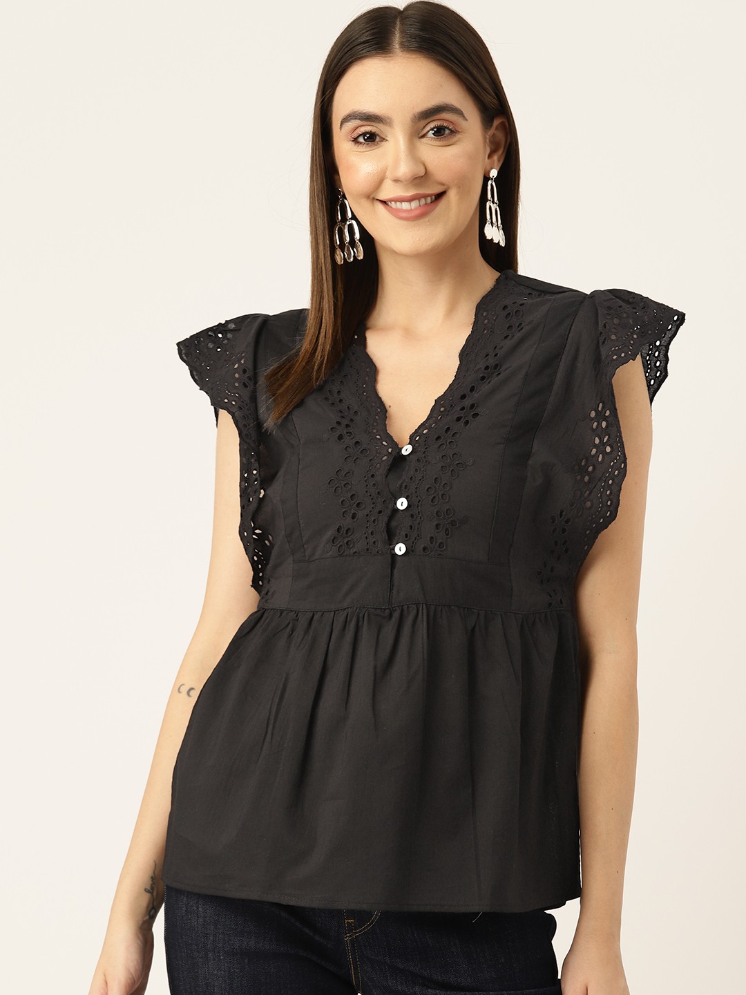 

Off Label Ruffles Cotton Schiffli Peplum Top, Black
