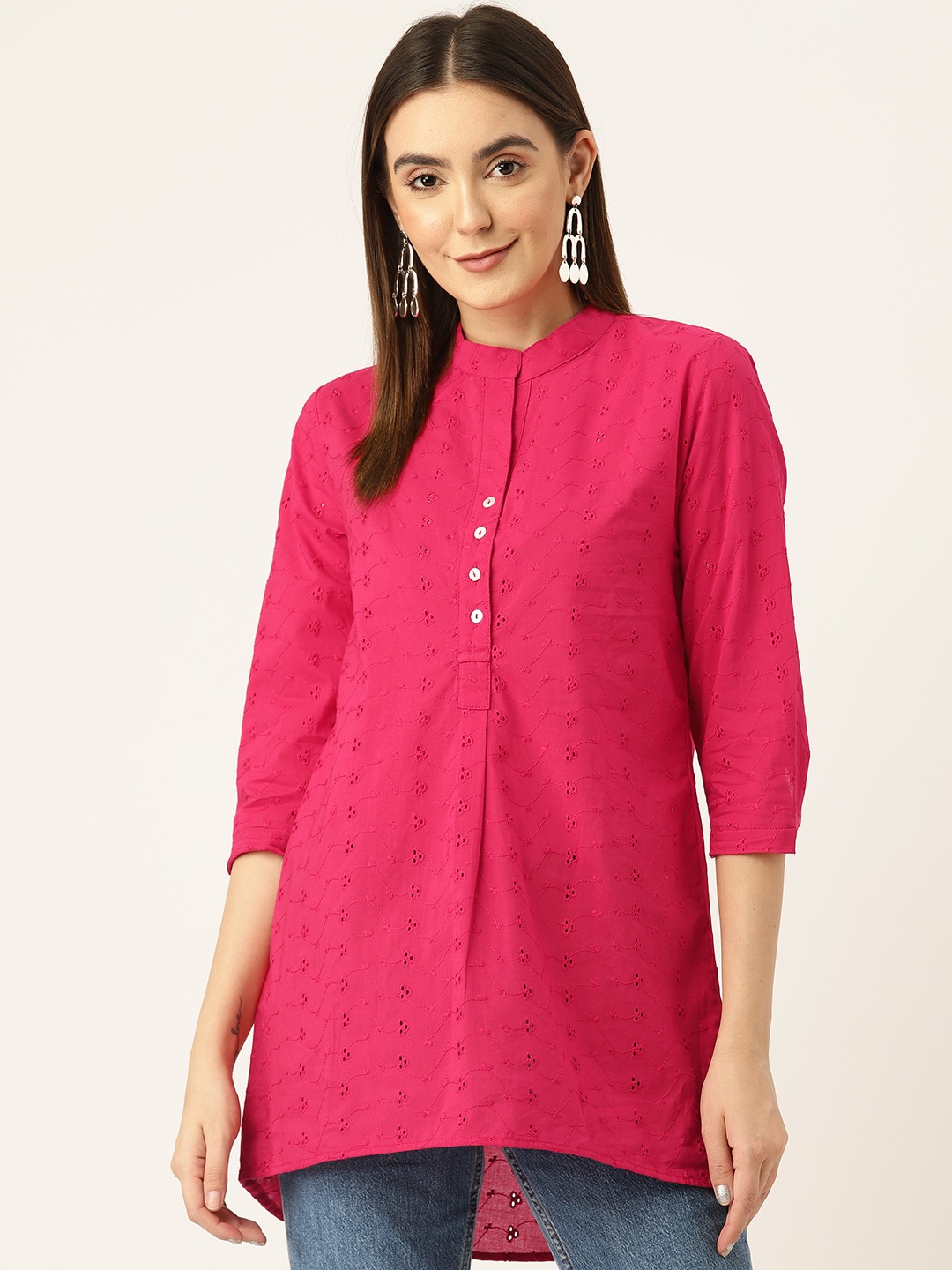 

Off Label Floral Mandarin Collar Cotton Schiffli Shirt Style Longline Top, Fuchsia